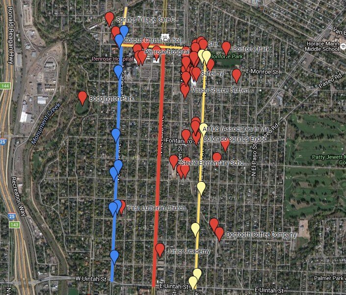 Move one bus route to Cascade Avenue (blue) as an express service (remove bus stops marked with with blue pins). Move other bus route to Wahsatch Avenue (yellow) as a local service past the Bon Shopping Center and other local businesses (red pins) using existing bus stops (yellow pins)